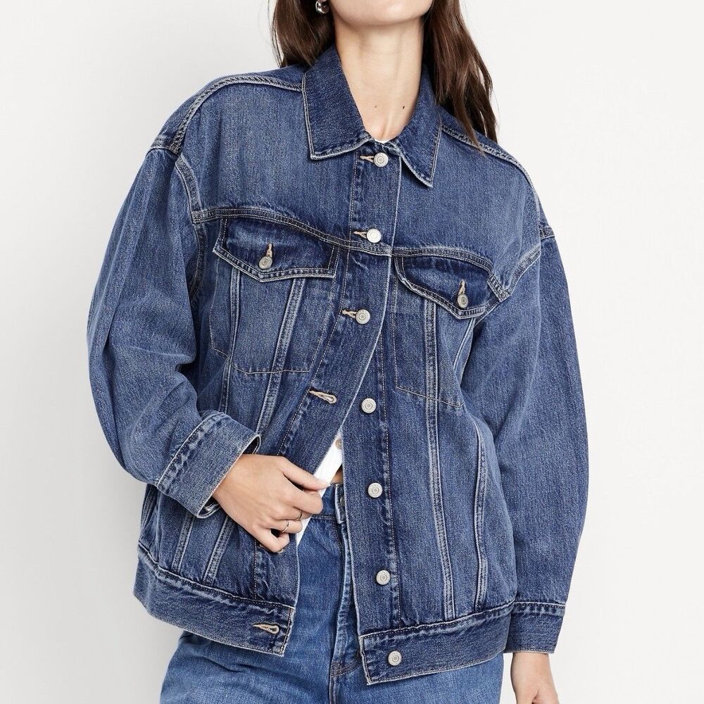 Old Navy Oversized Jean Trucker Jacket Denim Blue Medium Wash Size XL NWOT